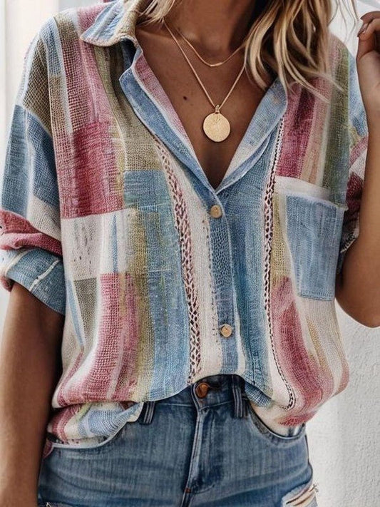 Blouse femme – Coupe décontractée – Manches courtes – Col chemise – Tissu respirant – Design patchwork