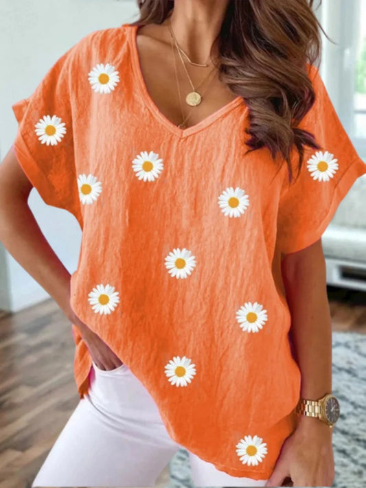 T-shirt femme – Coupe ample – Col V – Manches courtes – Imprimé fleuri – Coton léger