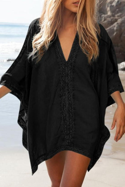 Women's beach tunic – Loose fit – Breathable fabric – Openwork lace – V-neck