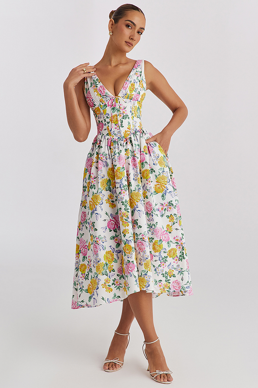 Robe midi femme – Tissu respirant – Bustier ajusté – Sans manches – Motif fleuri