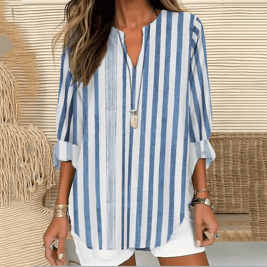 Women's tunic – Loose fit – Natural fibres – Sleeves 3/4 – V-neck – Striped