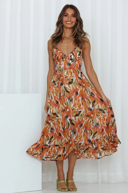 Robe midi femme – Coupe fluide – Chiffon léger – Bretelles fines – Ourlet volanté