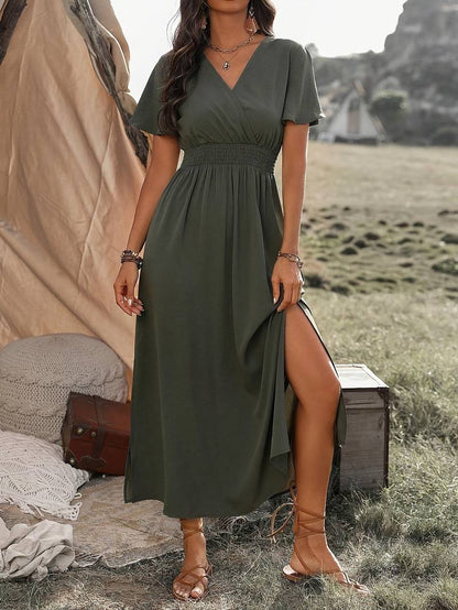 Women's midi dress – Flared fluid cut – Short sleeves – Wrap neckline