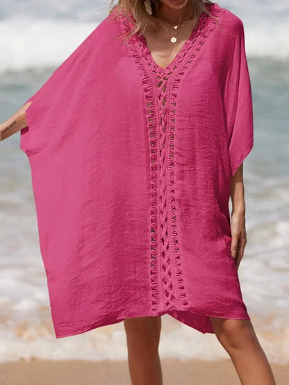 Women's kimono – Fluid cut – Natural fibers – Short sleeves – V-neck lace