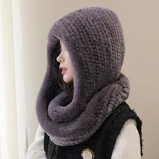 Giulia Knitted Hooded Scarf | Fuzzy Texture Solid Hooded Scarf