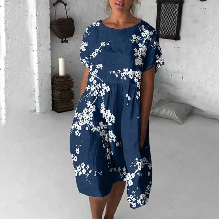 Robe midi femme – Coupe fluide – Manches courtes – Col rond – Imprimé fleuri