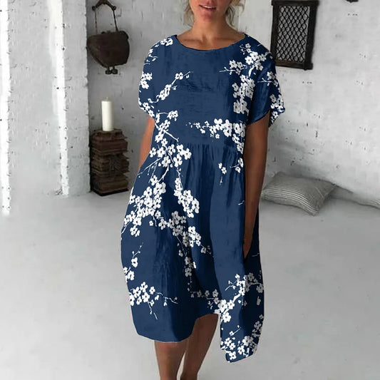 Robe midi femme – Coupe fluide – Manches courtes – Col rond – Imprimé fleuri