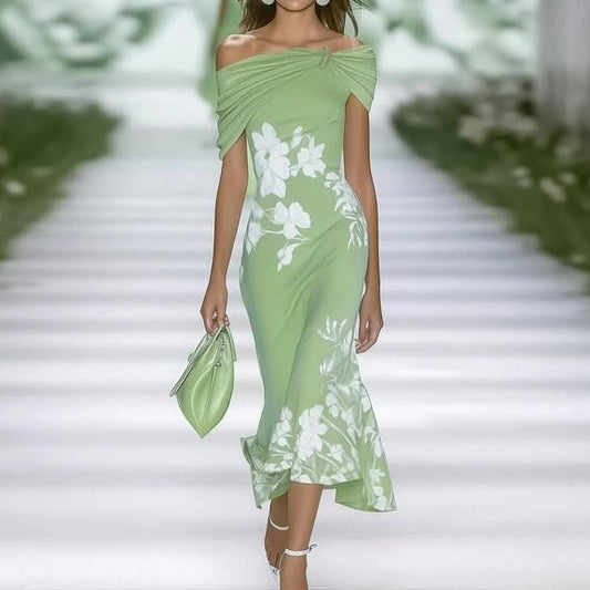 Robe midi femme – Épaules dénudées – Taille cintrée – Imprimé fleuri – Tissu fluide
