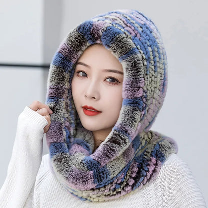 Giulia Knitted Hooded Scarf | Fuzzy Texture Solid Hooded Scarf