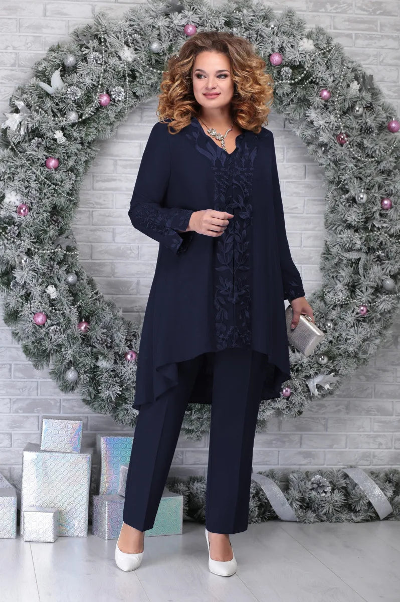 Women's three-piece set – Embroidered top – Asymmetrical hem – Breathable fabric – Relaxed fit