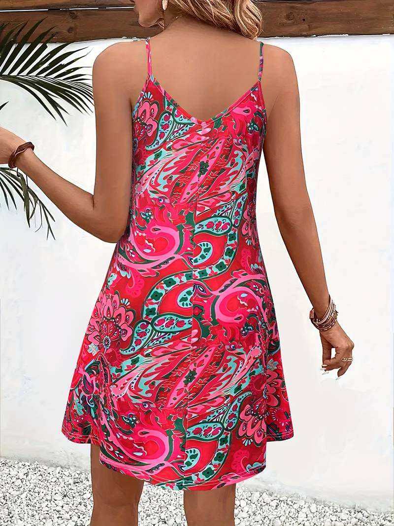 Women's dress – Flowing trapeze cut – Sleeveless – V-neck – Breathable fabric