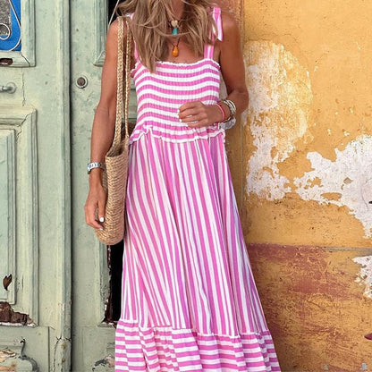 Women's long dress – Tied straps – Smocked bodice – Ruffled skirt – Breathable fabric