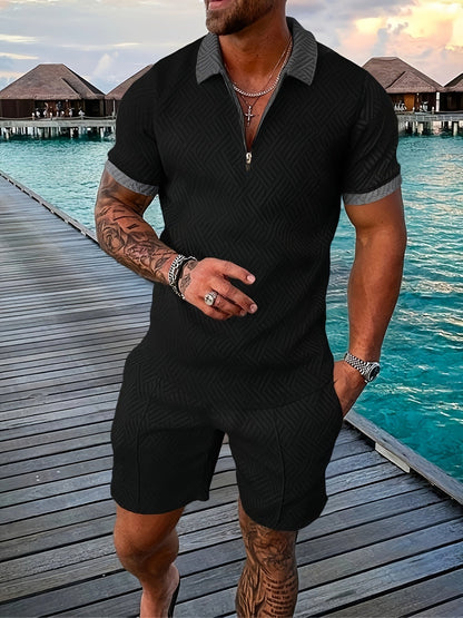 Men's short set – Relaxed fit – Zipper closure – Geometric pattern – Breathable fabric