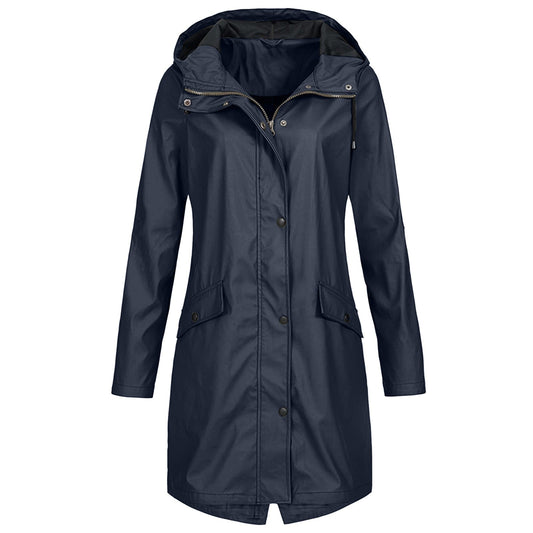 Veste imperméable femme – Coupe longue – Capuche – Poches à rabat – Boutons pression