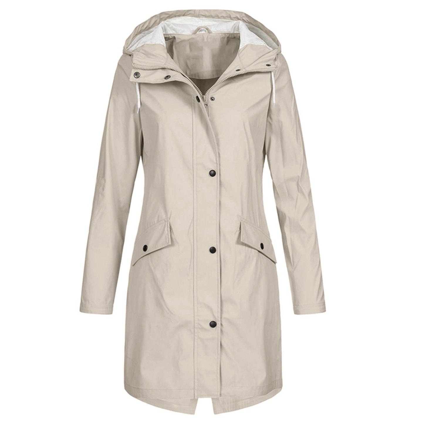 Veste imperméable femme – Coupe longue – Capuche – Poches à rabat – Boutons pression