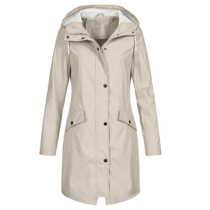 Veste imperméable femme – Coupe longue – Capuche – Poches à rabat – Boutons pression