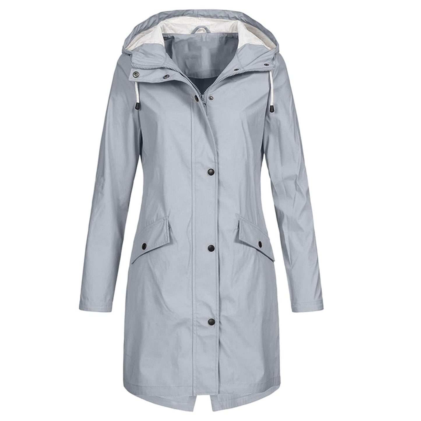 Veste imperméable femme – Coupe longue – Capuche – Poches à rabat – Boutons pression