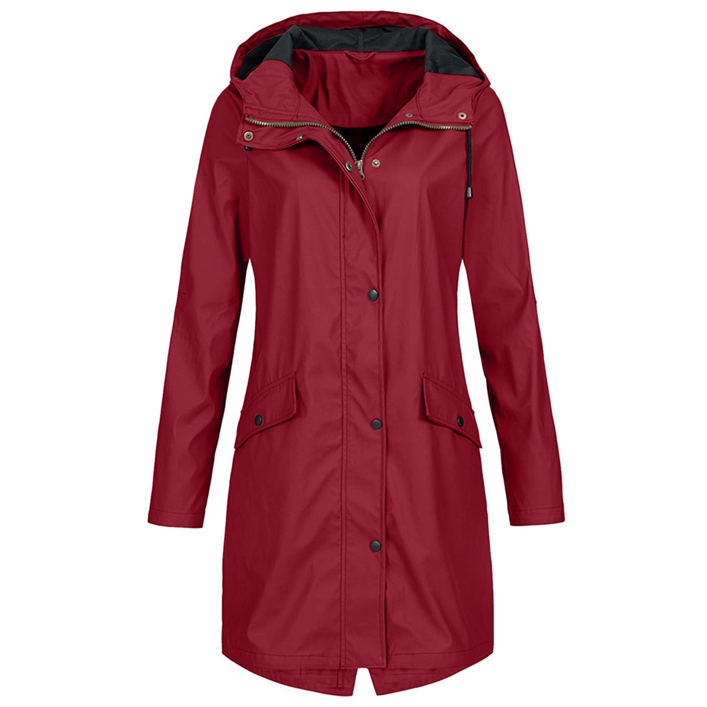 Veste imperméable femme – Coupe longue – Capuche – Poches à rabat – Boutons pression