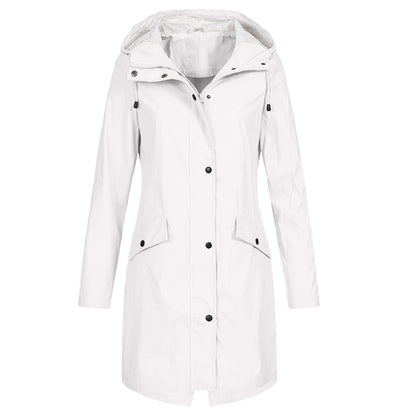 Veste imperméable femme – Coupe longue – Capuche – Poches à rabat – Boutons pression