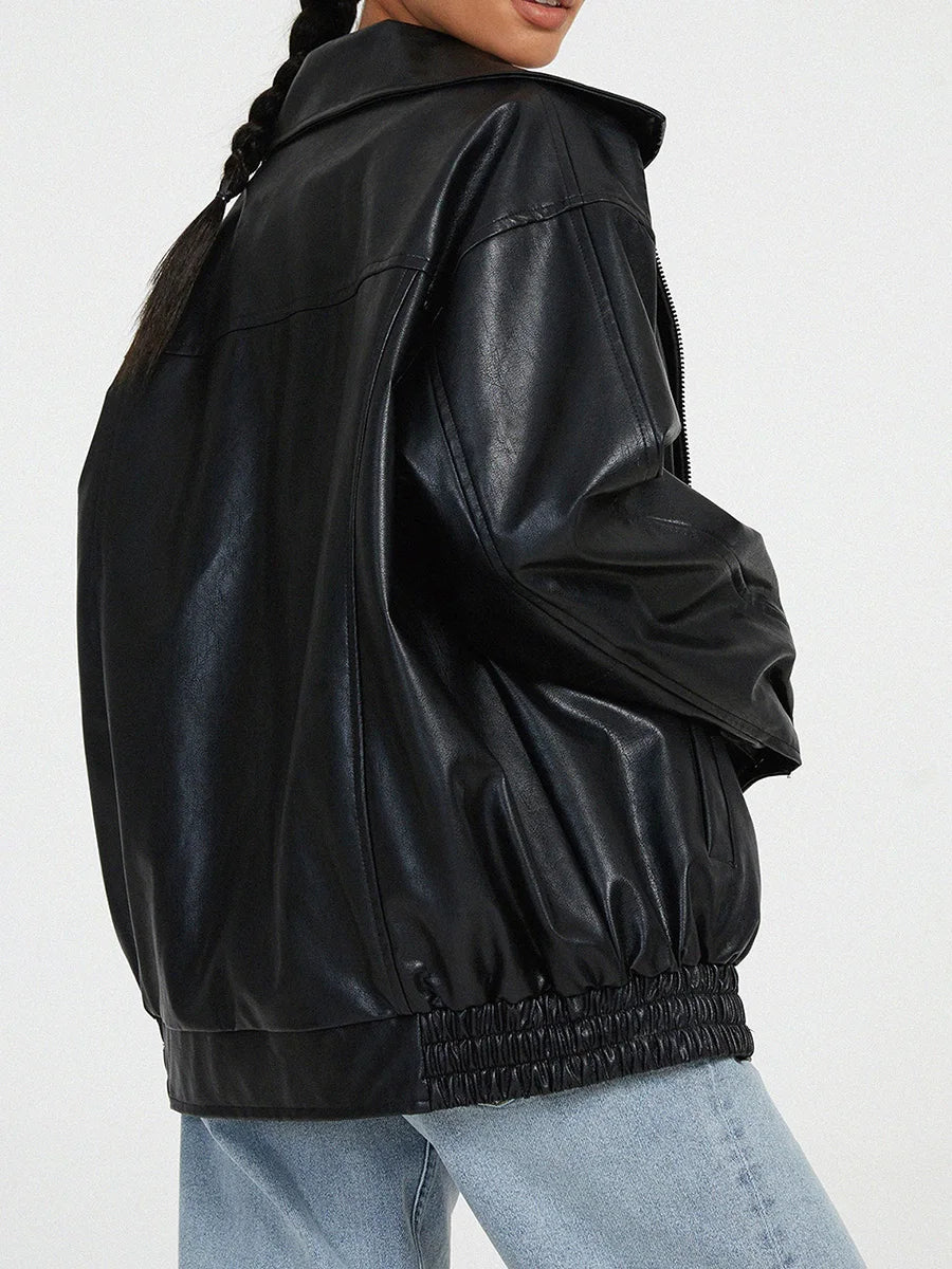 Blouson femme – Coupe oversize – Effet cuir lisse – Col large zippé structuré