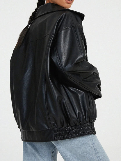 Blouson femme – Coupe oversize – Effet cuir lisse – Col large zippé structuré