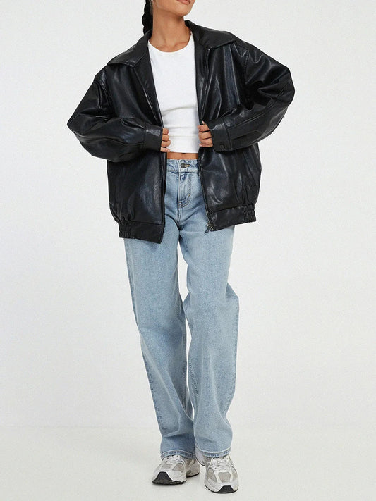 Blouson femme – Coupe oversize – Effet cuir lisse – Col large zippé structuré