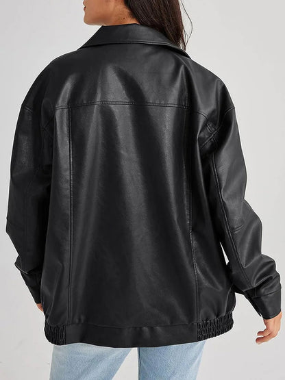 Blouson femme – Coupe oversize – Effet cuir lisse – Col large zippé structuré