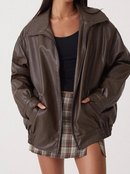 Blouson femme – Coupe oversize – Effet cuir lisse – Col large zippé structuré