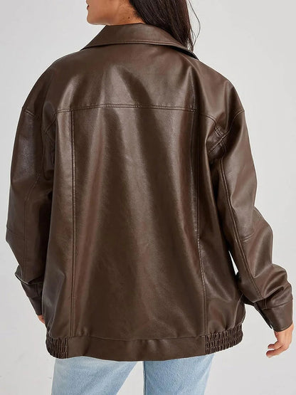 Blouson femme – Coupe oversize – Effet cuir lisse – Col large zippé structuré