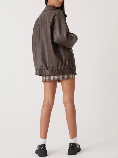 Blouson femme – Coupe oversize – Effet cuir lisse – Col large zippé structuré