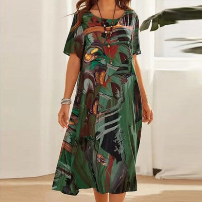 Women's midi dress – Relaxed fit – Short sleeves – Abstract print – Natural fibers