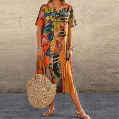 Women's midi dress – Relaxed fit – Short sleeves – Abstract print – Natural fibers