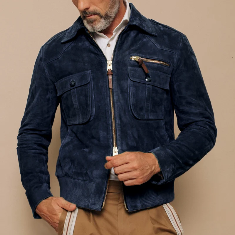 Blouson bomber homme – Coupe ajustée – Suédine douce – Poches poitrine – Zip double sens