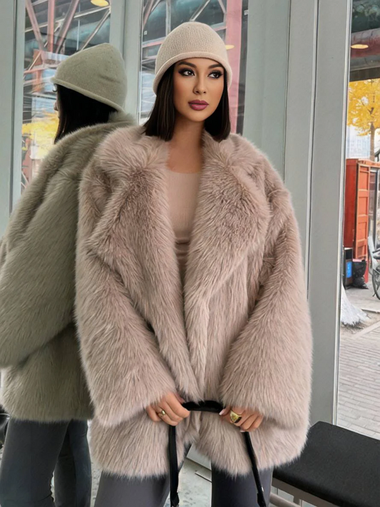 Women's Coat - Faux Fur - Loose Fit - Mid-Thigh Length - Notched Collar