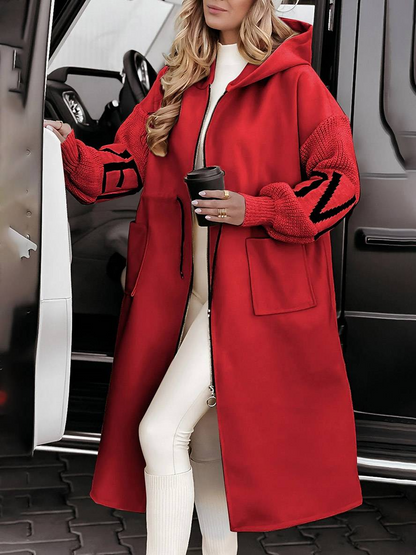 Women's Coat - Smooth Fabric Blend - Knitted Raglan Sleeves - Hood High Collar - Mid-Thigh Length