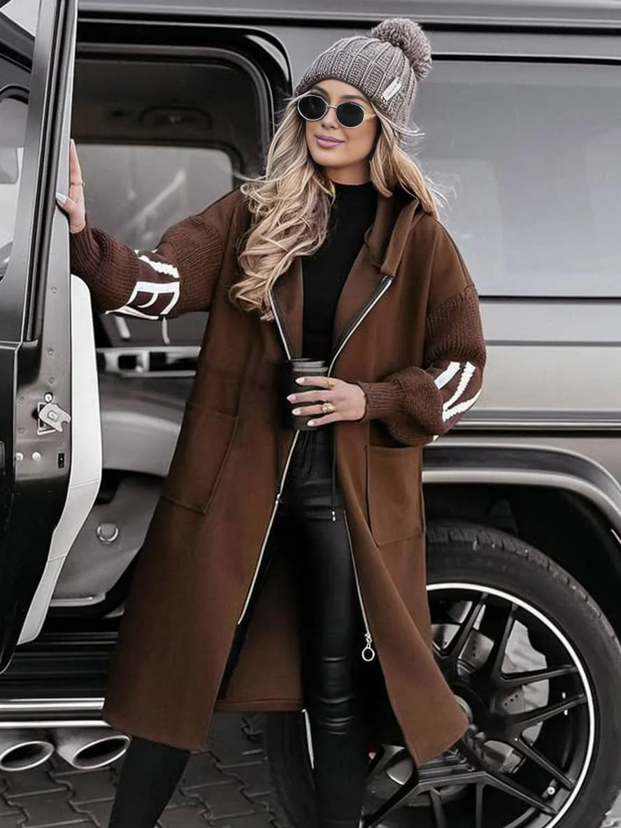 Women's Coat - Smooth Fabric Blend - Knitted Raglan Sleeves - Hood High Collar - Mid-Thigh Length
