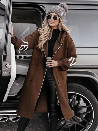 Women's Coat - Smooth Fabric Blend - Knitted Raglan Sleeves - Hood High Collar - Mid-Thigh Length