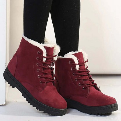 Women Ankle Boots - Faux Fur Lined – Suede Feel – Ankle Height – Lace-Up – Rugged Sole