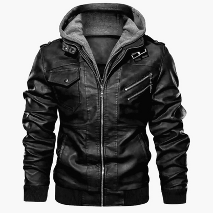 Veste homme slim – effet cuir – capuche intégrée – zips décoratifs – épaulettes