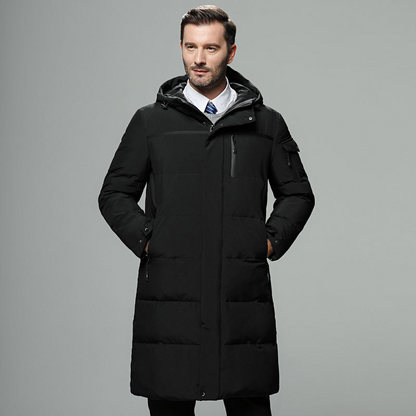 Men's Long Quilted Coat - Synthetic Fabric - Stand Up Collar - Adjustable Sleeves