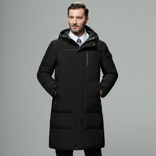 Men's Long Quilted Coat - Synthetic Fabric - Stand Up Collar - Adjustable Sleeves