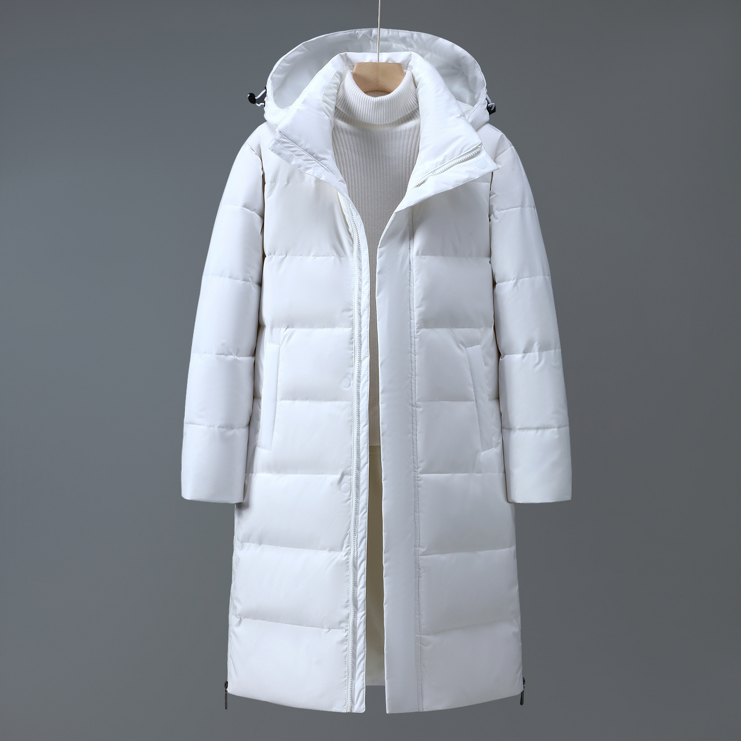 Women's Down Coat - Woven Fabric - Relaxed Fit - Stand Collar - Adjustable Hood