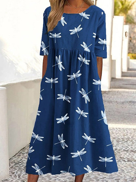 Dress woman midi – Flared cut – Dragonfly print – Short sleeves – Breathable fabric