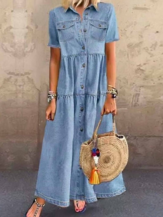 Women's long shirt dress – Relaxed fit – Short sleeves – Breathable fabric – Utility pockets