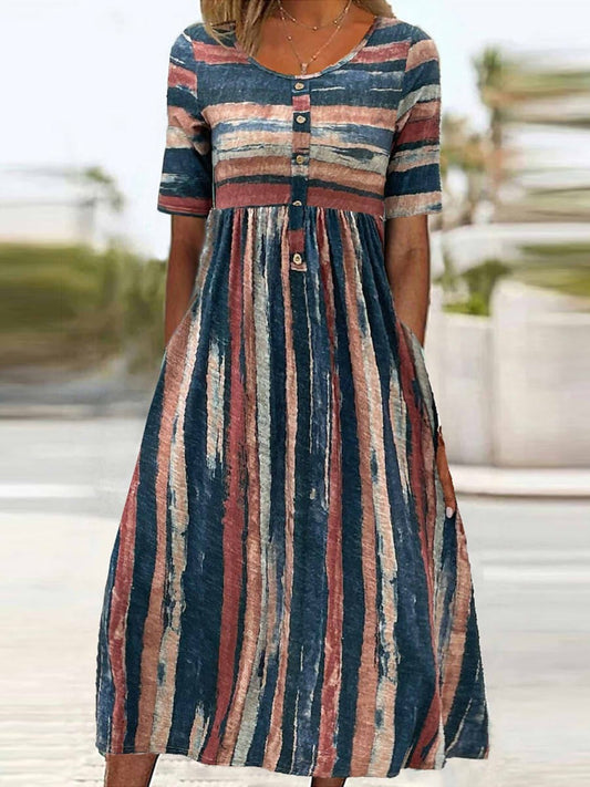 Robe midi femme – Coupe décontractée – Tissu respirant – Manches mi-longues – Rayures