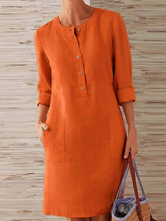 Robe décontractée femme – Coupe ample – Tissu naturel respirant – Manches longues – Col rond – Boutonnage partiel – Longueur genou – Poches intégrées