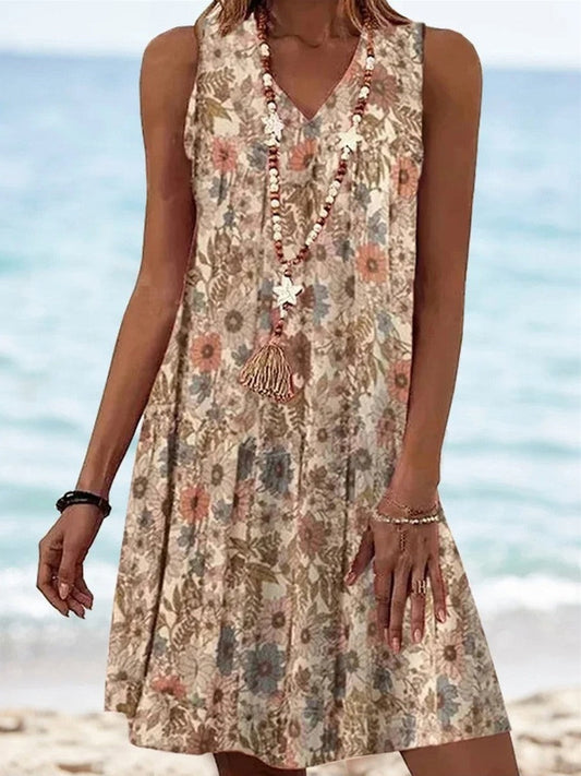 Robe courte femme – Imprimé fleuri – Décolleté V – Sans manches – Coupe ample airy
