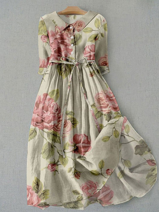 Robe midi femme – Imprimé fleuri vintage – Ceinturée – Manches 3/4 – Tissu respirant