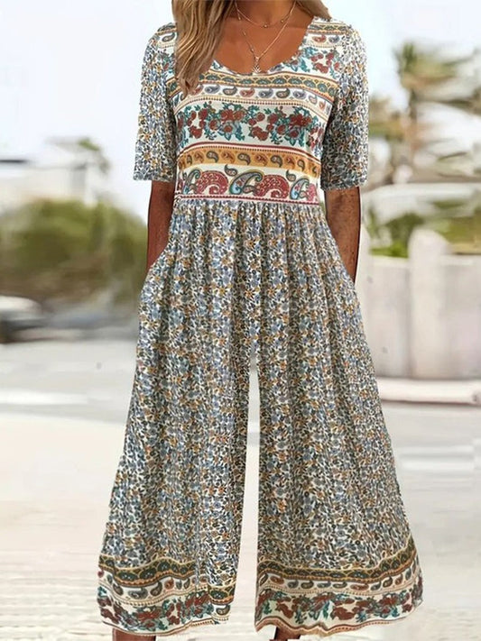 Jumpsuit woman – Loose fit – Breathable fabric – Short sleeves – Bohemian print