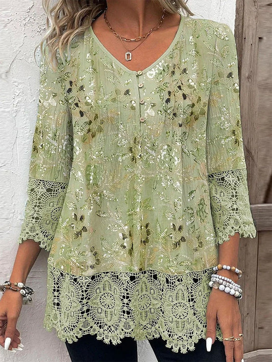 Blouse femme – Détail en dentelle florale – Coupe ample – Manches 3/4 – Col V